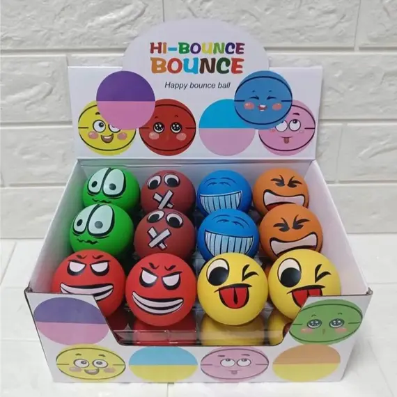 Set 24 Mingi Topăitoare Premium, Model Emoji "Fețe Zâmbitoare", 4.5 cm, Diverse Culori și Expresii Amuzante