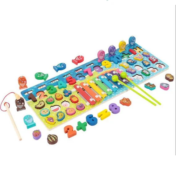 Tablă Montessori Educativă din Lemn, 4 în 1, cu Xilofon, Cifre, Forme Geometrice și Coloane pentru Numărat