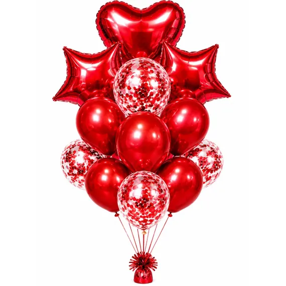Set Baloane Petrecere, Balon Inima din Folie și Confetti, Umflare Aer/Heliu, Rosu