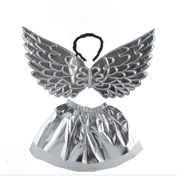 Set Costum de Îngeraș Argintiu pentru Carnaval, Deghizare Fetițe cu Fustiță și Aripi Metalizate