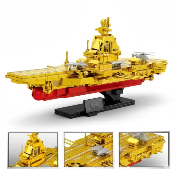 Joc de Construcție Portavion Militar din Cărămizi, Model Navă Maritimă Fujian CV-18 Versiunea Aurie, 1578 Piese