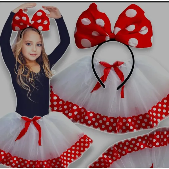 Costum Minnie Mouse pentru Fetițe, Set cu Fustă din Tulle Alb și Diademă cu Fundă Roșie cu Buline Albe