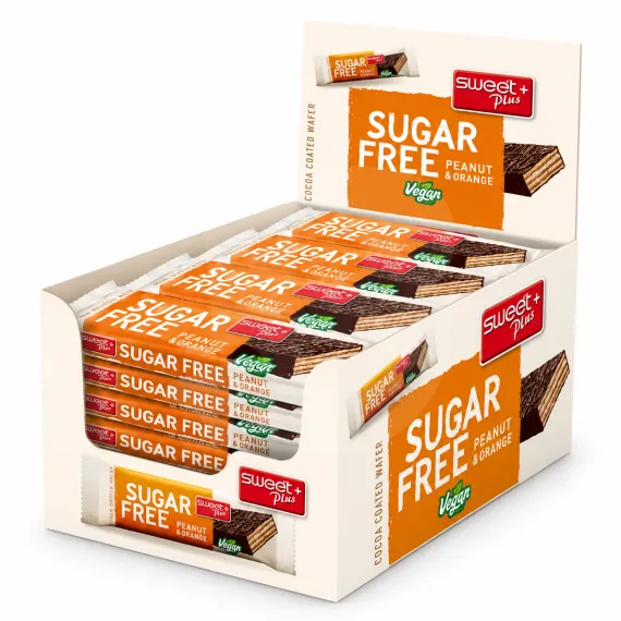 Napolitană Sweet Plus Sugar Free cu cremă de arahide și aromă de portocală glazurată în cacao, fără zahăr