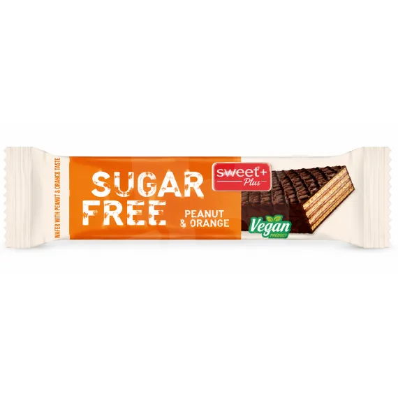 Napolitană Sweet Plus Sugar Free cu cremă de arahide și aromă de portocală glazurată în cacao, fără zahăr, 30g