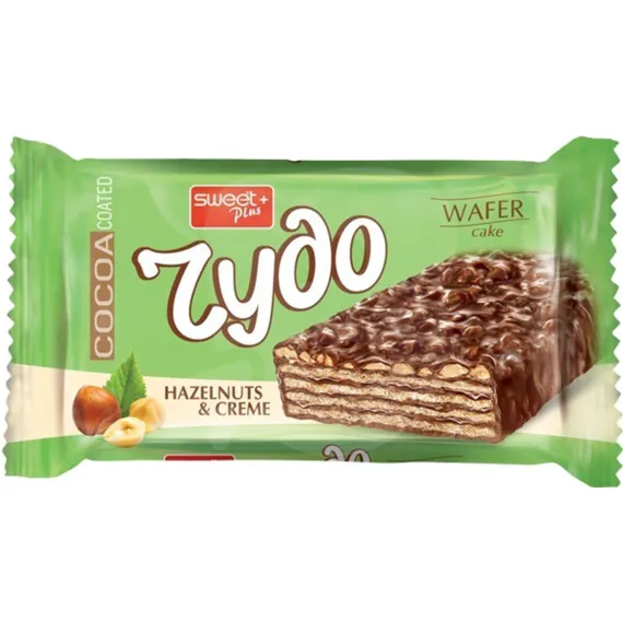 Prăjitură tip napolitană Sweet Plus Chudo Hazelnuts & Creme cu cremă de alune, alune de pădure și glazură de cacao, 47g
