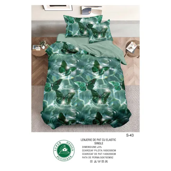Lenjerie de Pat Single din Finet cu Elastic Pucioasa, 4 Piese, Imprimeu Fluturi 3D și Unde Verzi, Model S-43