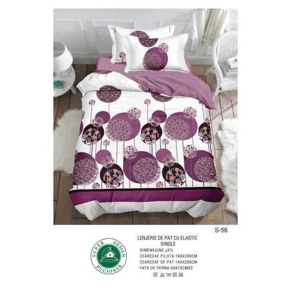 Lenjerie de Pat Single din Finet cu Elastic Pucioasa, 4 Piese, Imprimeu Floral Geometric Mov, Model S-56