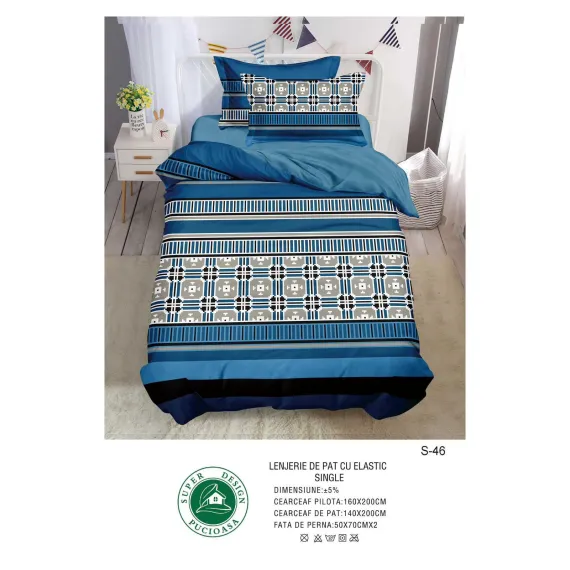 Lenjerie de Pat Single din Finet cu Elastic Pucioasa, 4 Piese, Imprimeu Geometric Tradițional Albastru, Model S-46