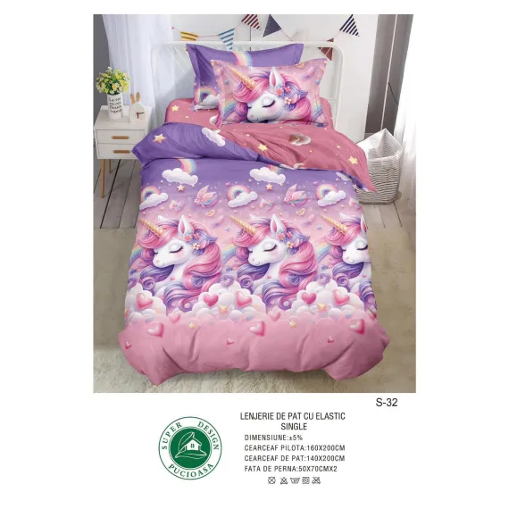 Lenjerie de Pat Single din Finet cu Elastic Pucioasa, 4 Piese, Imprimeu Unicorn și Curcubeu Roz-Mov, Model S-32