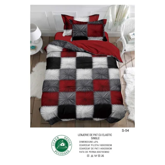 Lenjerie de Pat Single din Finet cu Elastic Pucioasa, 4 Piese, Imprimeu Geometric Carouri 3D Roșu și Negru