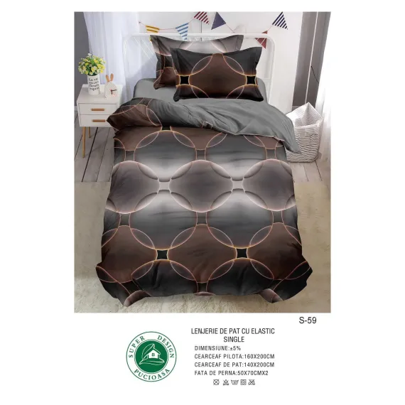 Lenjerie de Pat Single din Finet cu Elastic Pucioasa, 4 Piese, Imprimeu Geometric Abstract Negru și Maro, Model S-59