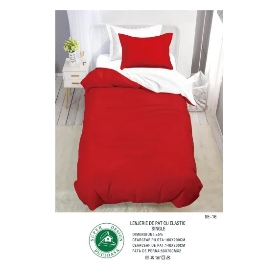 Lenjerie de Pat Single din Finet Super Design Pucioasa, 4 Piese, Cearceaf de Pat cu Elastic 140 x 200 cm, Roșu Intens, Model SE-16