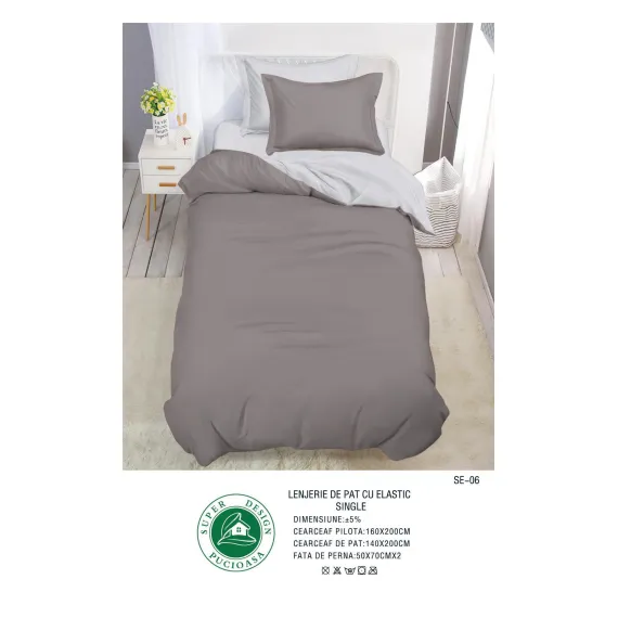 Lenjerie de Pat Single din Finet Super Design Pucioasa, 4 Piese, Cearceaf de Pat cu Elastic 140 x 200 cm, Gri, Model SE-06