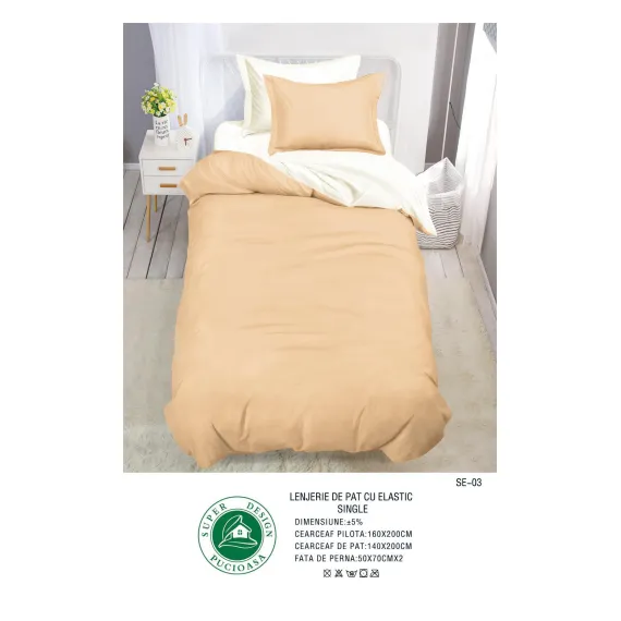 Lenjerie de Pat Single din Finet Super Design Pucioasa, 4 Piese, Cearceaf de Pat cu Elastic 140 x 200 cm, Crem, Model SE-03