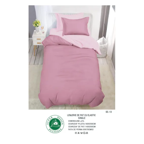 Lenjerie de Pat Single din Finet Super Design Pucioasa, 4 Piese, Cearceaf de Pat cu Elastic 140 x 200 cm, Bicolor Roz, Model SE-13