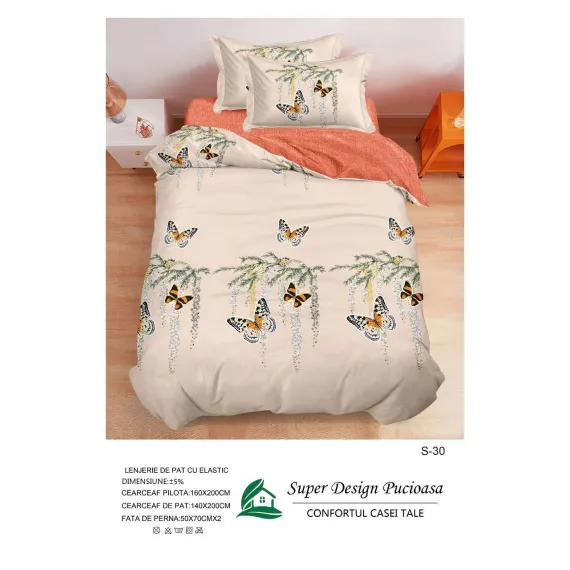 Lenjerie de Pat Single din Finet Super Design Pucioasa, 4 Piese, Cearceaf de Pat cu Elastic 140 x 200 cm, Model S-30
