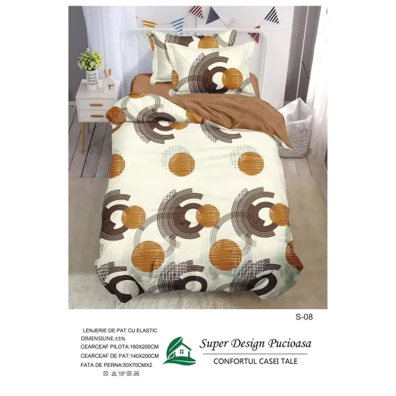Lenjerie de Pat Single din Finet Super Design Pucioasa, 4 Piese, Cearceaf de Pat cu Elastic 140 x 200 cm, Model S-08