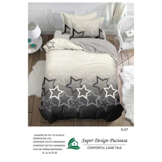 Lenjerie de Pat Single din Finet Super Design Pucioasa, 4 Piese, Cearceaf de Pat cu Elastic 140 x 200 cm, Model S-07