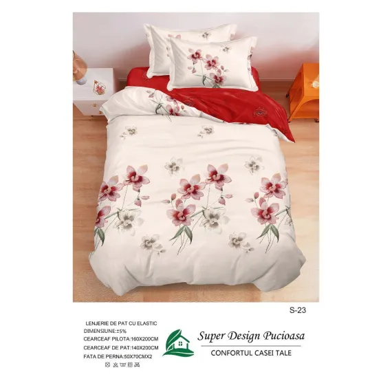 Lenjerie de Pat Single din Finet Super Design Pucioasa, 4 Piese, Cearceaf de Pat cu Elastic 140 x 200 cm, Model S-23
