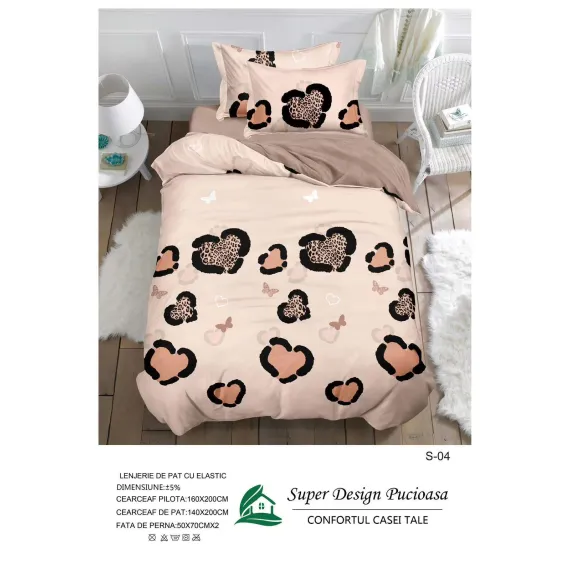 Lenjerie de Pat Single din Finet Super Design Pucioasa, 4 Piese, Cearceaf de Pat cu Elastic 140 x 200 cm, Model S-04
