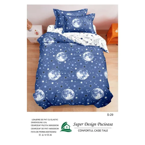 Lenjerie de Pat Single din Finet Super Design Pucioasa, 4 Piese, Cearceaf de Pat cu Elastic 140 x 200 cm, Model S-29