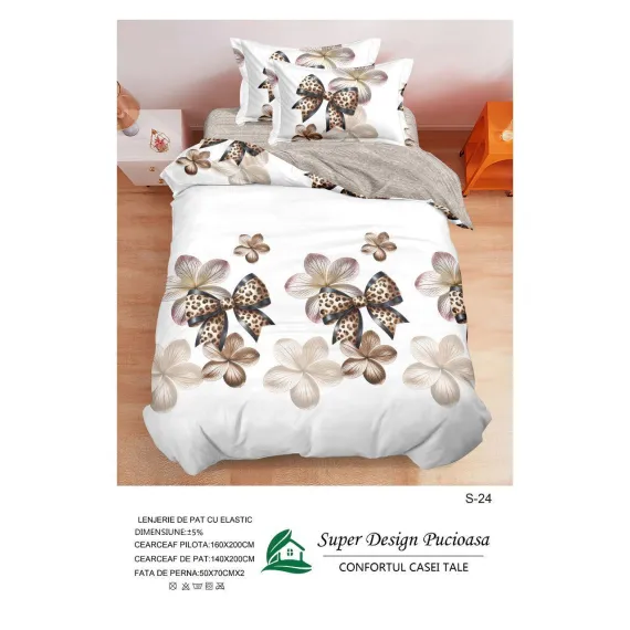 Lenjerie de Pat Single din Finet Super Design Pucioasa, 4 Piese, Cearceaf de Pat cu Elastic 140 x 200 cm, Model S-24
