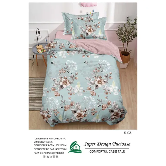 Lenjerie de Pat Single din Finet Super Design Pucioasa, 4 Piese, Cearceaf de Pat cu Elastic 140 x 200 cm, Model S-03