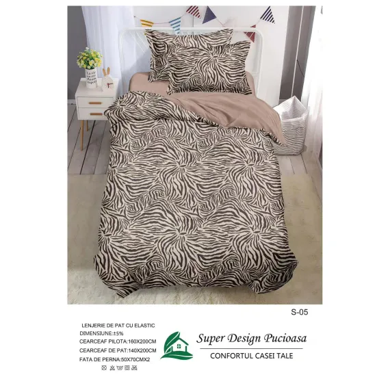 Lenjerie de Pat Single din Finet Super Design Pucioasa, 4 Piese, Cearceaf de Pat cu Elastic 140 x 200 cm, Model S-05