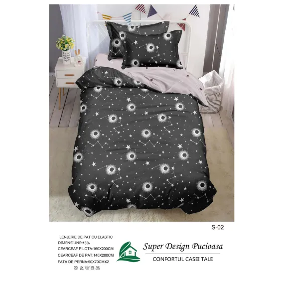 Lenjerie de Pat Single din Finet Super Design Pucioasa, 4 Piese, Cearceaf de Pat cu Elastic 140 x 200 cm, Model S-02