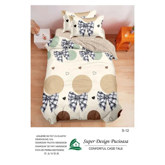 Lenjerie de Pat Single din Finet Super Design Pucioasa, 4 Piese, Cearceaf de Pat cu Elastic 140 x 200 cm, Model S-12