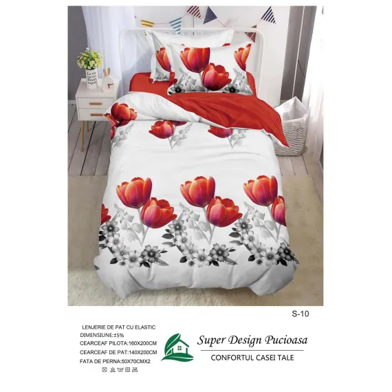 Lenjerie de Pat Single din Finet Super Design Pucioasa, 4 Piese, Cearceaf de Pat cu Elastic 140 x 200 cm, Model S-10