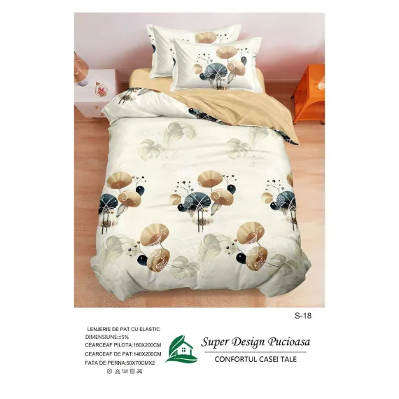 Lenjerie de Pat Single din Finet Super Design Pucioasa, 4 Piese, Cearceaf de Pat cu Elastic 140 x 200 cm, Model S-18