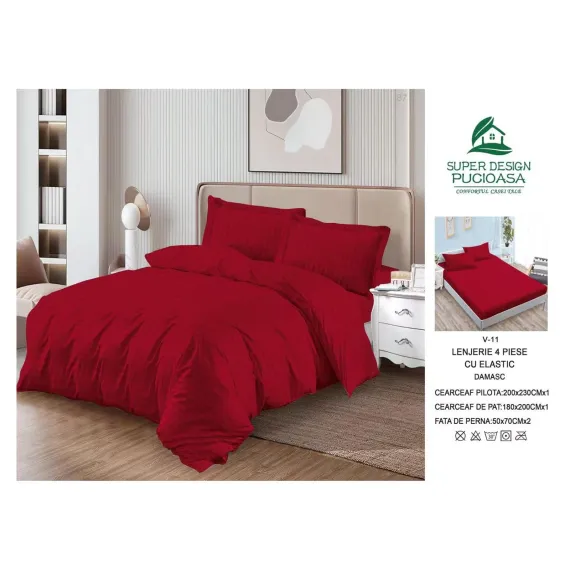 Lenjerie de Pat Dublu din Damasc Premium Super Design Pucioasa, 4 Piese, Cearceaf de Pat cu Elastic 180 x 200 cm, Dungi Hoteliere, Roșu Bordeaux, Model V-11