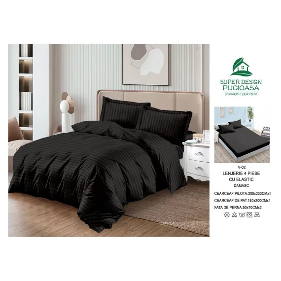 Lenjerie de Pat Dublu din Damasc Premium Super Design Pucioasa, 4 Piese, Cearceaf de Pat cu Elastic 180 x 200 cm, Dungi Hoteliere, Negru, Model V-02