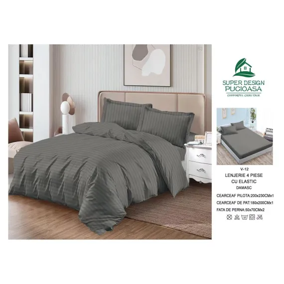 Lenjerie de Pat Dublu din Damasc Premium Super Design Pucioasa, 4 Piese, Cearceaf de Pat cu Elastic 180 x 200 cm, Dungi Hoteliere, Gri Închis, Model V-12