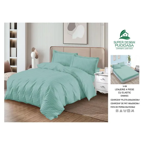 Lenjerie de Pat Dublu din Damasc Premium Super Design Pucioasa, 4 Piese, Cearceaf de Pat cu Elastic 180 x 200 cm, Dungi Hoteliere, Verde Mentă, Model V-08