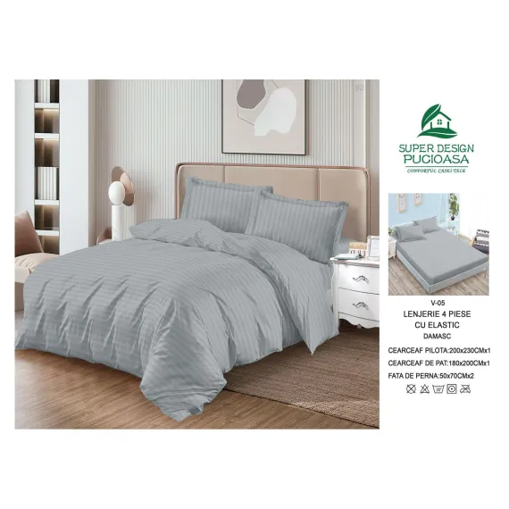 Lenjerie de Pat Dublu din Damasc Premium Super Design Pucioasa, 4 Piese, Cearceaf de Pat cu Elastic 180 x 200 cm, Dungi Hoteliere, Gri Deschis, Model V-05