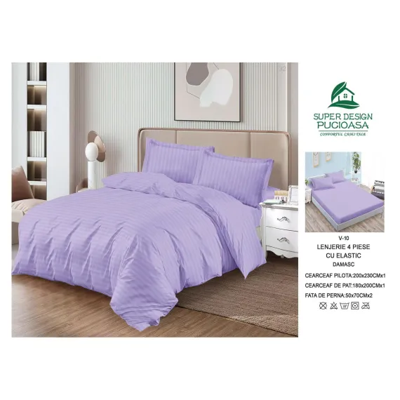Lenjerie de Pat Dublu din Damasc Premium Super Design Pucioasa, 4 Piese, Cearceaf de Pat cu Elastic 180 x 200 cm, Dungi Hoteliere, Lila Deschis, Model V-10