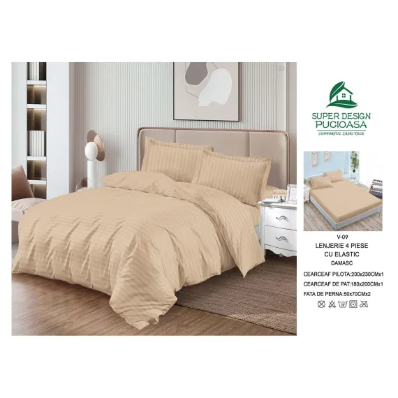 Lenjerie de Pat Dublu din Damasc Premium Super Design Pucioasa, 4 Piese, Cearceaf de Pat cu Elastic 180 x 200 cm, Dungi Hoteliere, Bej Crem, Model V-09