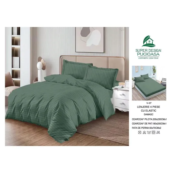 Lenjerie de Pat Dublu din Damasc Premium Super Design Pucioasa, 4 Piese, Cearceaf de Pat cu Elastic 180 x 200 cm, Dungi Hoteliere, Verde Kaki, Model V-07