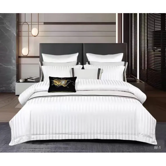 Lenjerie de Pat Dublu din Damasc Premium Pucioasa, 6 Piese, Cearceaf de Pat cu Elastic 180 x 200 cm, Dungi Hoteliere, Alb, Model W-1