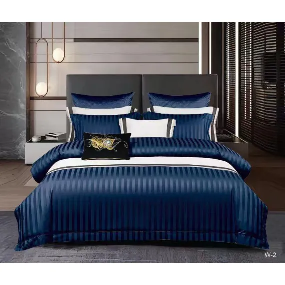 Lenjerie de Pat Dublu din Damasc Premium Pucioasa, 6 Piese, Cearceaf de Pat cu Elastic 180 x 200 cm, Dungi Hoteliere, Albastru Bleumarin, Model W-2