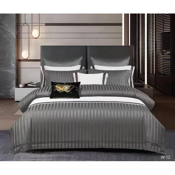 Lenjerie de Pat Dublu din Damasc Premium Pucioasa, 6 Piese, Cearceaf de Pat cu Elastic 180 x 200 cm, Dungi Hoteliere, Gri Închis / Antracit, Model W-12