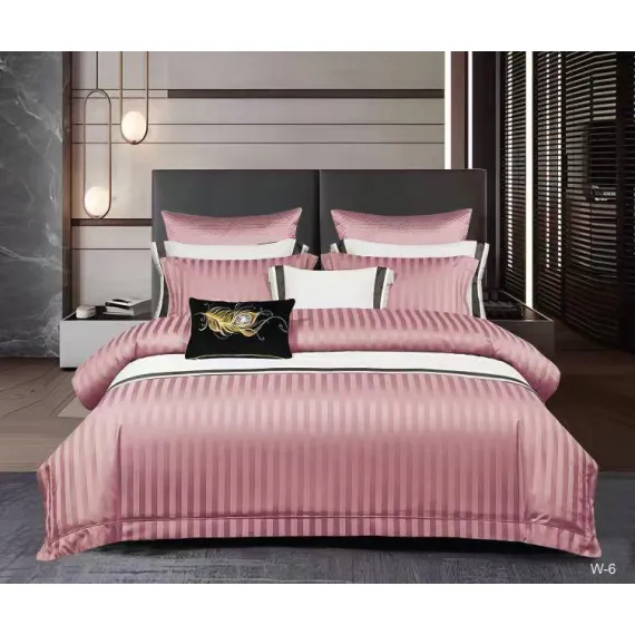 Lenjerie de Pat Dublu din Damasc Premium Pucioasa, 6 Piese, Cearceaf de Pat cu Elastic 180 x 200 cm, Dungi Hoteliere, Roz Prăfuit, Model W-6
