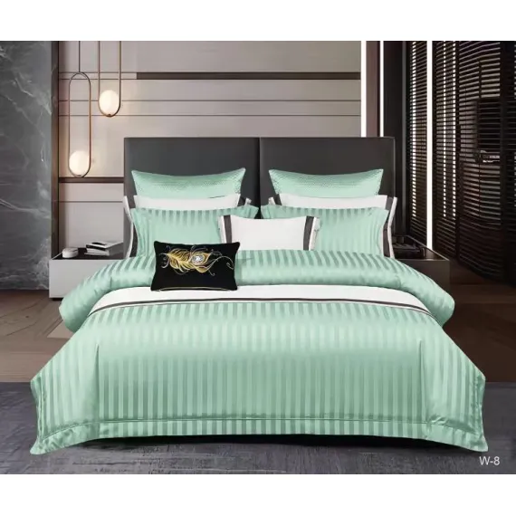Lenjerie de Pat Dublu din Damasc Premium Pucioasa, 6 Piese, Cearceaf de Pat cu Elastic 180 x 200 cm, Dungi Hoteliere, Verde Mentă, Model W-8