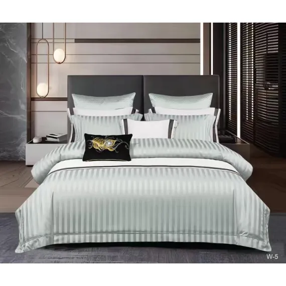Lenjerie de Pat Dublu din Damasc Premium Pucioasa, 6 Piese, Cearceaf de Pat cu Elastic 180 x 200 cm, Dungi Hoteliere, Gri Vernil / Mentă Deschis, Model W-5
