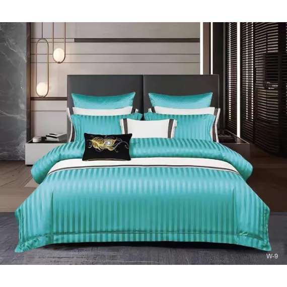 Lenjerie de Pat Dublu din Damasc Premium Pucioasa, 6 Piese, Cearceaf de Pat cu Elastic 180 x 200 cm, Dungi Hoteliere, Turcoaz, Model W-9