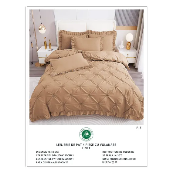 Lenjerie de Pat Dublu din Finet Premium Pucioasa, 4 Piese, cu Pliuri Brodate și Volane, Cearceaf Clasic, Maro Deschis / Camel Uni, Model P-3