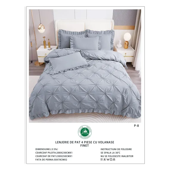 Lenjerie de Pat Dublu din Finet Premium Pucioasa, 4 Piese, cu Pliuri Brodate și Volane, Cearceaf Clasic, Gri Deschis Uni, Model P-8