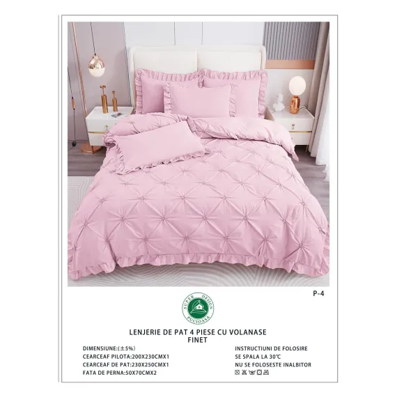 Lenjerie de Pat Dublu din Finet Premium Pucioasa, 4 Piese, cu Pliuri Brodate și Volane, Cearceaf Clasic, Roz Deschis Uni, Model P-4